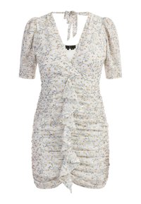 Blumenkleid aus leichtem Stoff mit kurzen Puffärmeln, Rüschendetails und Raffung an den Seiten in Pastellfarben.