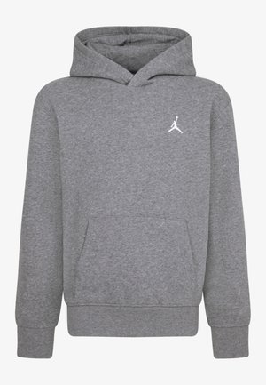 Szürke kapucnis pulóver puha anyagból, kenguruzsebbel, bordázott mandzsettákkal és a mellkason található fehér Jumpman logóval.