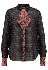 Schwarze Bluse mit rosa Sternmuster, ausgestattet mit einem Leopardendruck-Krawatte und Manschettenakzenten. Hergestellt aus leichtem, transparentem Material. Langärmliges Design.