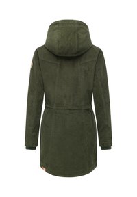 Khaki green corduroy coat with a hood, long sleeves, cinched waist, and back yoke detailing. Features a logo patch on the sleeve.