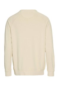 Lichtbeige sweatshirt met ronde hals, raglanmouwen en geribbelde cuffs. Zachte textuur, eenvoudig ontwerp, zonder zichtbare patronen of hardware.