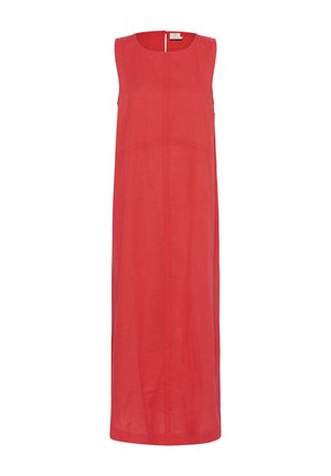 Abito senza maniche in lino rosso con scollatura rotonda, caratterizzato da cuciture verticali e una silhouette di lunghezza media. Chiusura con zip sul retro.