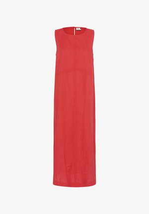 Red linen sleeveless dress with a round neckline, featuring vertical seams and a mid-length silhouette. Back zip closure.