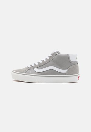 Zapatillas altas grises hechas de ante y lona, con cordones y detalles blancos, suela blanca sólida y marca roja en el talón.
