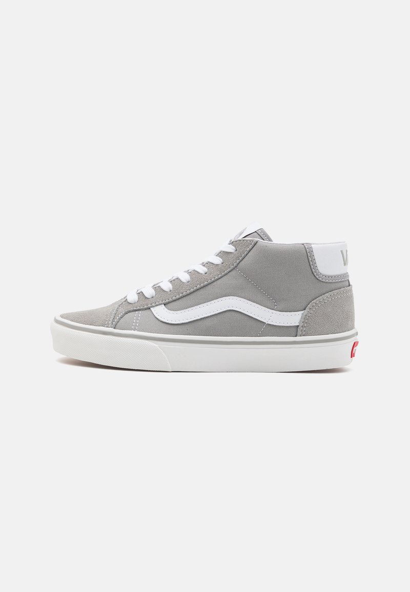 Zapatillas altas grises hechas de ante y lona, con cordones y detalles blancos, suela blanca sólida y marca roja en el talón.