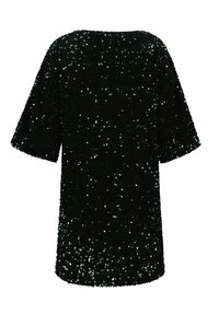 Black, sequin-embellished oversized top with a soft, textured finish and short sleeves, featuring a round neckline and loose fit.