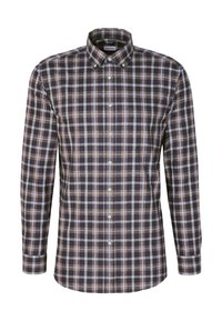 Camicia a maniche lunghe con bottoni, in motivo a quadri, caratterizzata da tonalità di blu scuro, marrone e verde chiaro. Realizzata in tessuto dalla consistenza morbida.