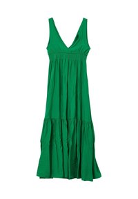 Zelené maxi šaty vyrobené z hladké tkaniny. Mají výstřih do V, přiléhavé body a sukni s volánky, která zvýrazňuje jejich splývavý design.