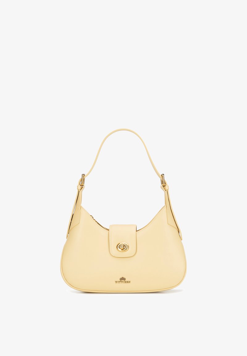 Crèmekleurige leren schoudertas met gouden draaiversluiting en korte handgreep, met Wittchen-logo onderaan in het midden.