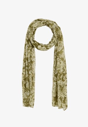 Écharpe verte à motif floral beige, tissu léger, présentée en boucle avec les extrémités pendantes.