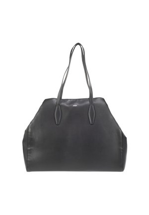 Sac fourre-tout en cuir noir avec texture lisse, côtés moulés et doubles anses plates. Présente un détail de logo subtil à l'avant.