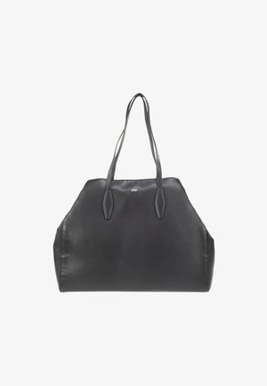 Zwarte leren tote bag met een gladde textuur, gevormde zijkanten en dubbele platte handvaten. Heeft een subtiele logo-detail aan de voorkant.