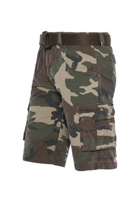 Pantaloni cargo camo con design a più tasche, realizzati in tessuto di cotone. Presentano un motivo camouflage verde, marrone e beige, con vita regolabile.