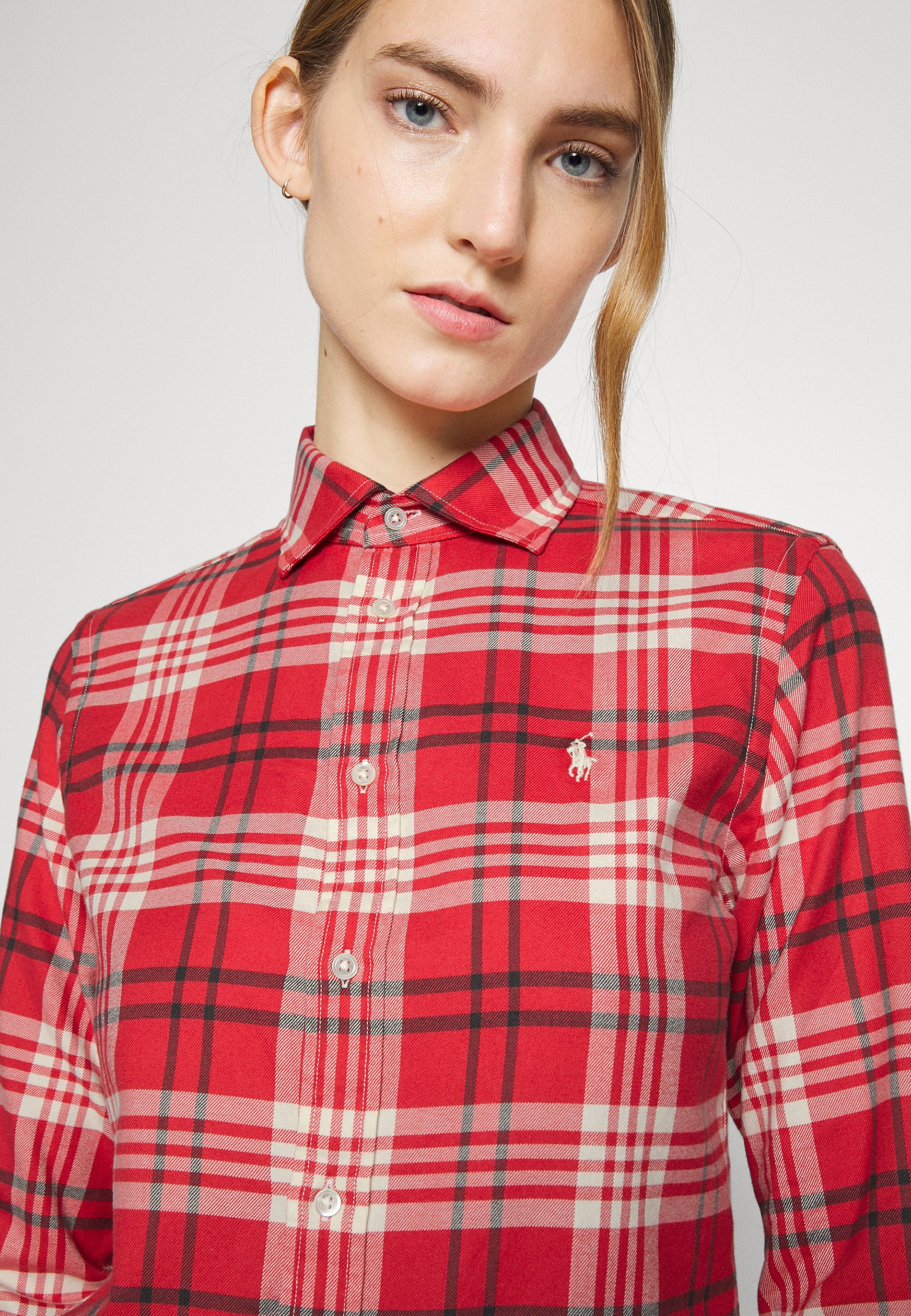 red plaid polo button down