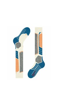 Baumwollsocken in Creme, Blau, Orange und Grau; geometrisches Muster mit Sechsecken und Linien; gerippter Bund; Größe auf der Sohle markiert.
