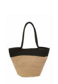 Sac fourre-tout en paille tissée avec une partie supérieure noire et une base beige, équipé de deux poignées robustes et d'un design spacieux et ouvert.