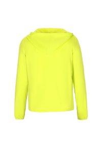 Neongele cropped hoodie gemaakt van zachte stof. Beschikt over een kangoeroezak en een capuchon met trekkoord. Lange mouwen met elastische manchetten.