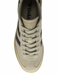 Beige suede sneaker featuring black and maroon stripes, round toe, flat laces, and a textured rubber sole with Gola branding on the tongue.
