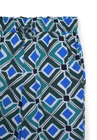 Shorts à motifs avec un design géométrique en turquoise, bleu, noir et blanc, dotés d'une taille élastique et d'un cordon de serrage pour un ajustement optimal.