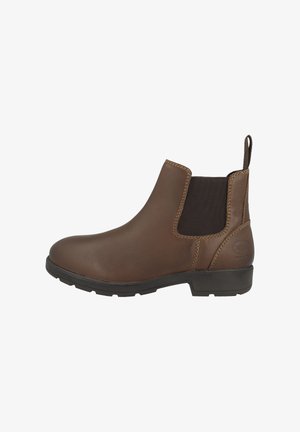 Brown leather Chelsea boot with elastic side panels, a pull tab, and rubber sole. Stitching detail along the edges. Durable design.