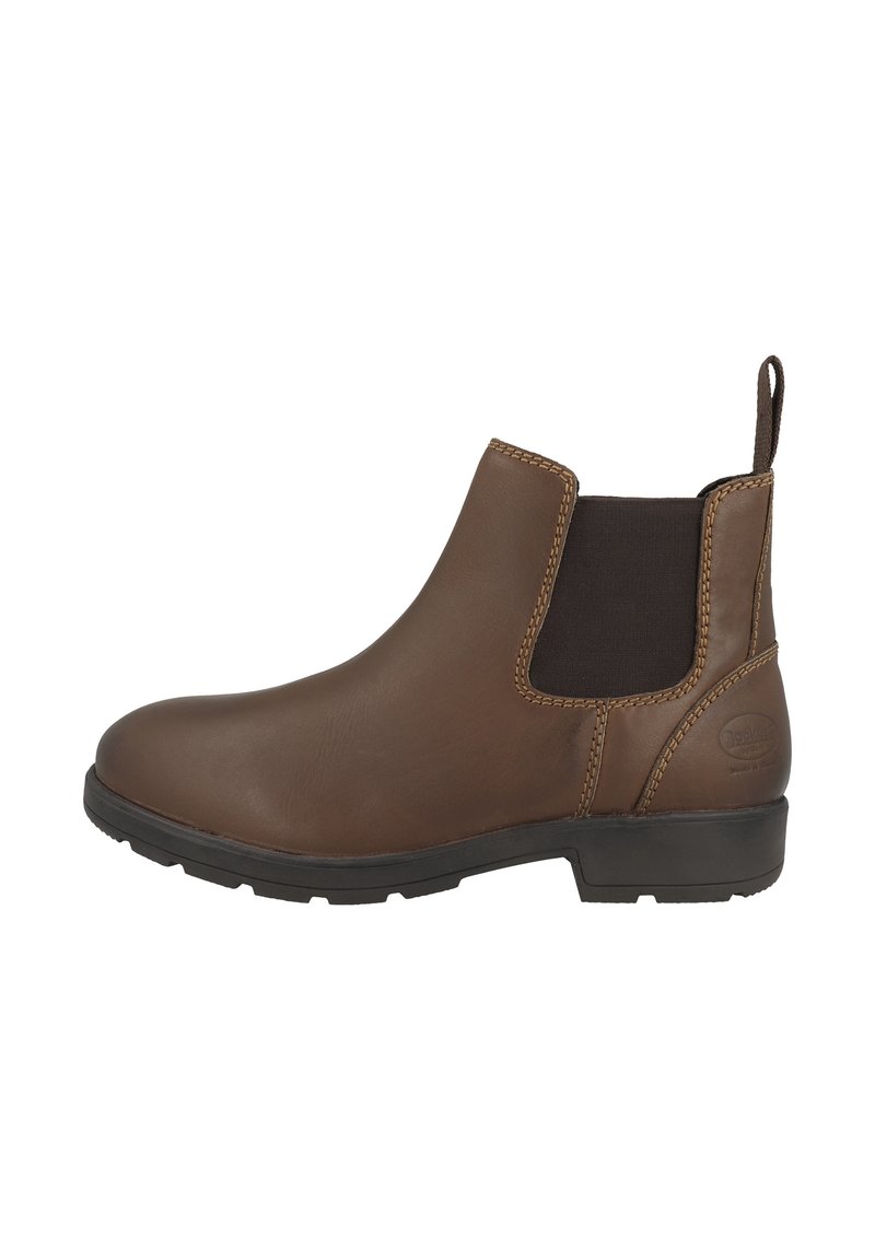 Braune Leder-Chelsea-Stiefel mit elastischen Seitenteilen, einem Ziehriemen und Gummisohle. Steppnähte entlang der Kanten. Robustes Design.