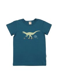 Türkise Baumwoll-T-Shirt mit kurzen Ärmeln, das ein gelbes Dinosaurier-Motiv und Pflanzen zeigt. Rundhalsausschnitt mit weichem Material.