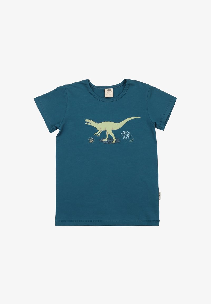 Türkise Baumwoll-T-Shirt mit kurzen Ärmeln, das ein gelbes Dinosaurier-Motiv und Pflanzen zeigt. Rundhalsausschnitt mit weichem Material.