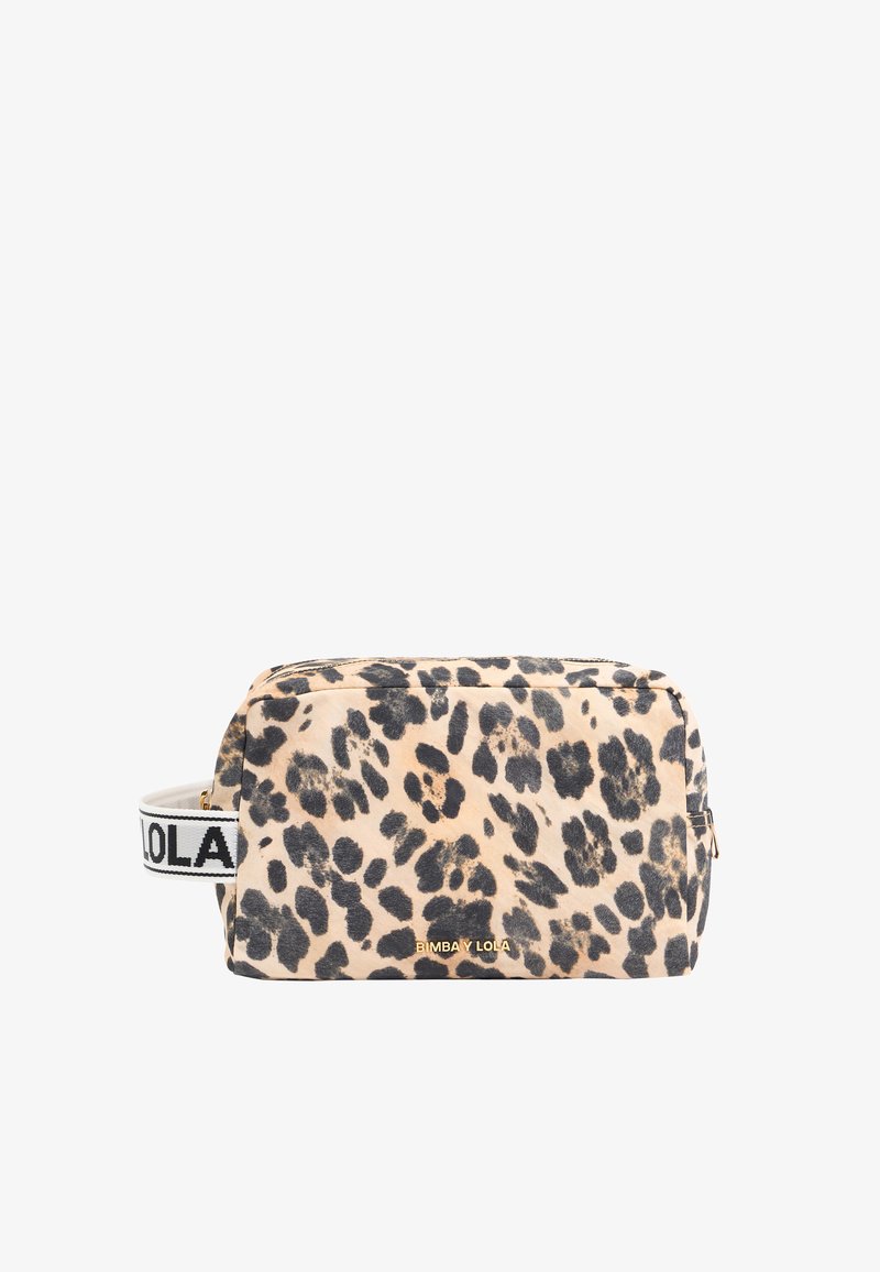 Leopard print cosmetic bag with a rectangular shape, made of soft fabric. Features a white strap with black text and a gold logo.