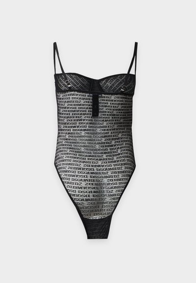 Body noir transparent avec bretelles réglables, bonnets avec armatures, et motif texte "DSQUARED2" répété sur le tissu.
