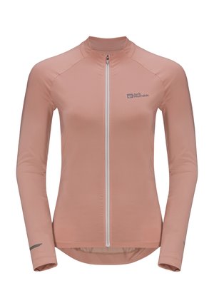 Lichtroze lange mouwen fietsjersey met een hoge hals, volledige ritssluiting en een logo. Gemaakt van glad, rekbaar materiaal en met een getailleerd ontwerp.