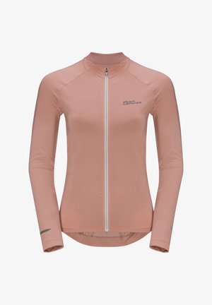 Lichtroze lange mouwen fietsjersey met een hoge hals, volledige ritssluiting en een logo. Gemaakt van glad, rekbaar materiaal en met een getailleerd ontwerp.