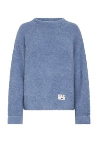 Maglione blu, con texture, realizzato in morbido materiale. Presenta un collo rotondo e maniche lunghe con un'etichetta cucita all'orlo che mostra "STD" e un cuore.