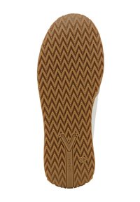 Rubber sneaker sole with a brown zigzag pattern, featuring embossed branding and a textured finish for grip and durability.