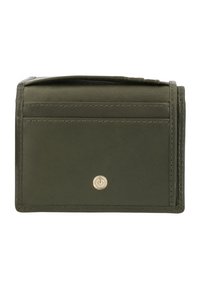 Portafoglio in pelle verde scuro con chiusura a scatto e bordi cuciti, mostrato chiuso con sfondo bianco.
