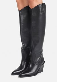 Black leather knee-high boots with pointed toes and a wedge heel. Smooth texture with a subtle sheen and side stitching detail.