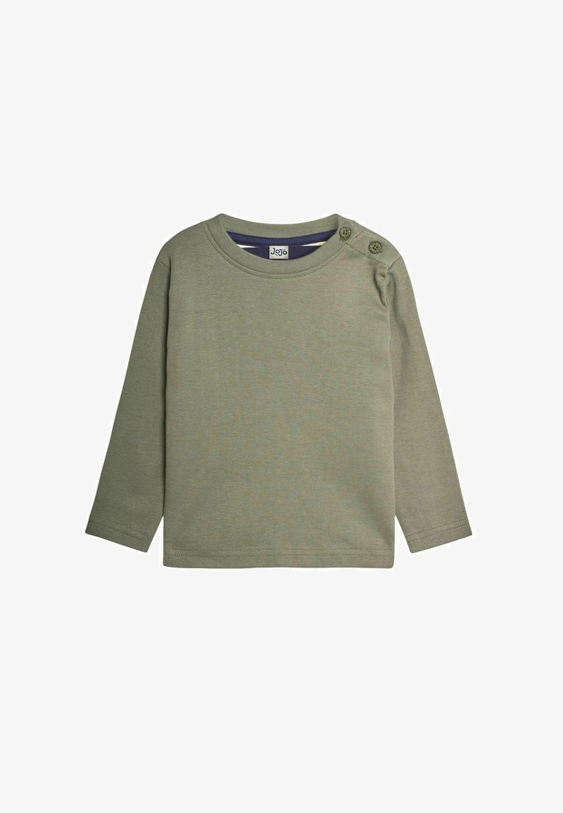 Pikaedega roheline puuvillane särk, millel on ümar kaelus, vasakul õlal kaks nööpi ja tumesinisest triibulisest voodrist.