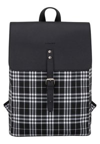 Black and white plaid fabric backpack with a leather flap, buckle closure, and a top handle. Features adjustable shoulder straps.