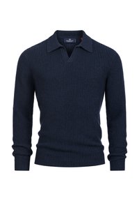 Maglione in maglia blu navy con un motivo testurizzato, scollatura a V e maniche lunghe, con colletto pieghevole e polsini a costine.