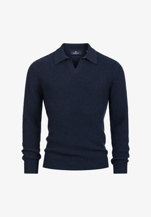 Navyblauwe gebreide trui met een structuurtje, v-hals en lange mouwen, voorzien van een opgeplooide kraag en geribbelde manchetten.