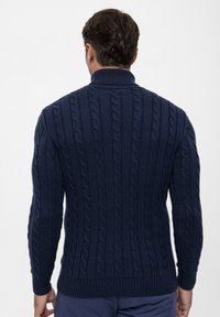 Navy gestrickter Pullover mit hervorgehobenem Zopfmuster, hohem Kragen und gerippten Bündchen und Saum. Das Material wirkt dick und strukturiert.