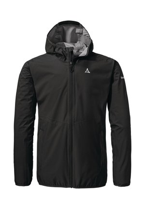 Schwarze Outdoor-Jacke mit einem Reißverschluss vorne, einer Kapuze und einer glatten Textur. Akzente sind ein graues Innenfutter und Logo-Details.