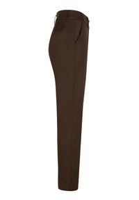 Brune bukser med slank pasform, lavet af et glat stof. Har en flad front, sidelommer og en linning med bæltesløjfer.