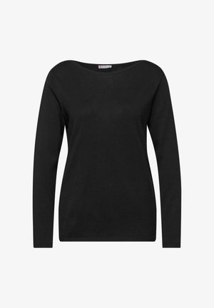 Schwarzes Langarmshirt mit rundem Halsausschnitt. Hergestellt aus glattem, dehnbarem Stoff. Hat ein schlichtes Design ohne Muster oder Verzierungen.