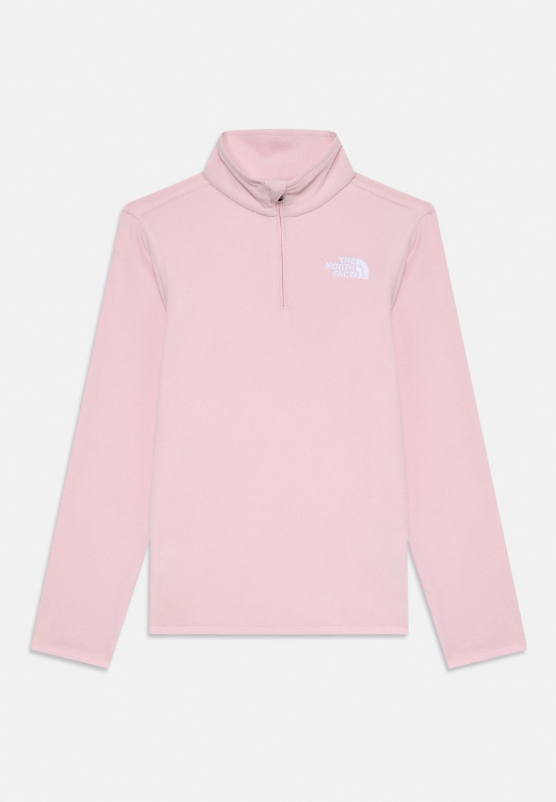 Pullover de fleece rosa claro com gola com fecho, mangas longas e um pequeno logótipo branco no peito. Textura suave com um design casual.