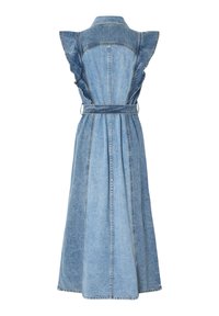 Τζιν φόρεμα με βολάν στα κοντά μανίκια και ζώνη στη μέση, με μακρύ, ρέον σχέδιο σε ανοιχτό μπλε πλύσιμο. Διαθέτει λεπτομέρειες με ραφή στο κέντρο.