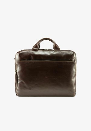 Braune Lederaktentasche mit doppelten Griffen, einer vorderen Reißverschlusstasche und einer glatten Textur. Verfügt über ein minimalistisches Design und eine dezente Markenkennzeichnung an der Seite.