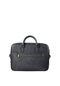 Bolso de cuero negro para portátil con asas dobles, bolsillo delantero con cremallera, textura suave y un patrón sutil. Forma rectangular compacta con hardware mínimo.