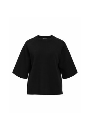 Schwarzes Kurzarm-Sweatshirt mit Rundhalsausschnitt, aus einem strukturierten Stoff gefertigt. Verfügt über Raglanärmel und eine bequeme Passform.