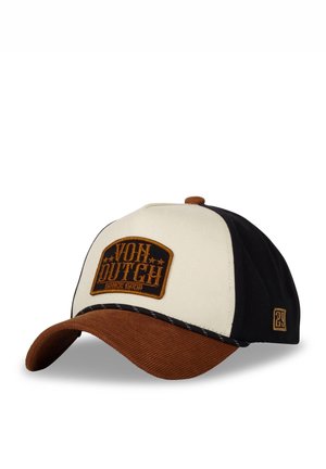 Casquette de baseball noire, crème et marron avec une visière en velours côtelé et un patch logo brodé comportant du texte et des étoiles.
