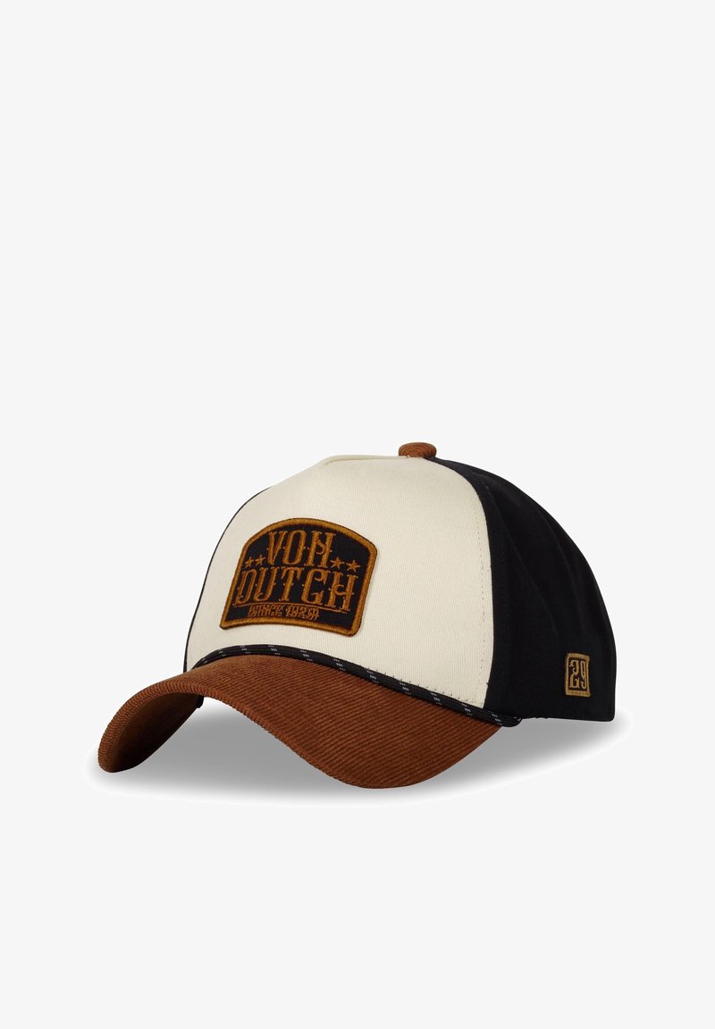 Casquette de baseball noire, crème et marron avec une visière en velours côtelé et un patch logo brodé comportant du texte et des étoiles.